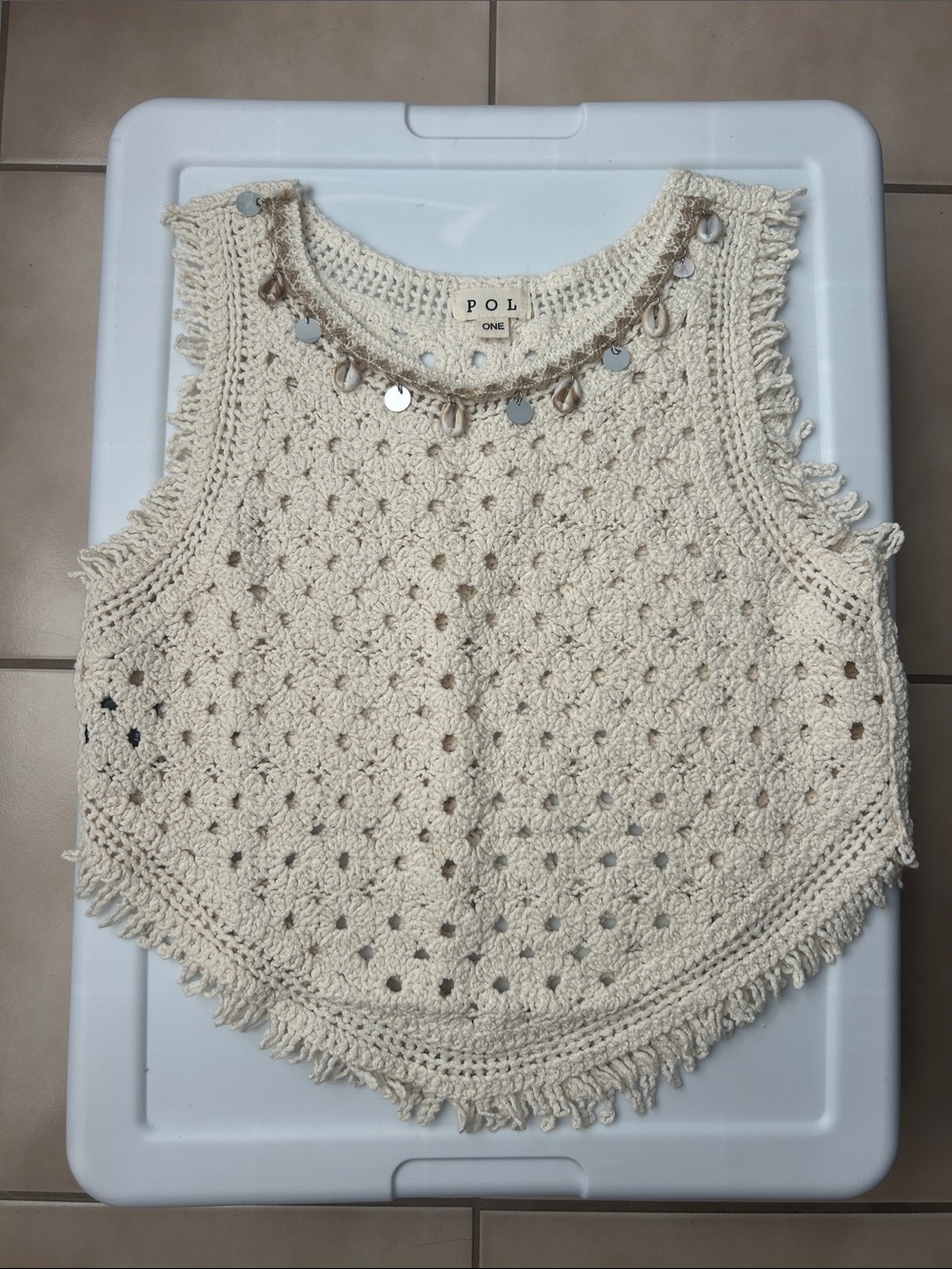 NWOT POL Crochet Crop Fringe Top with Sequin and Shell Adorned Neckline